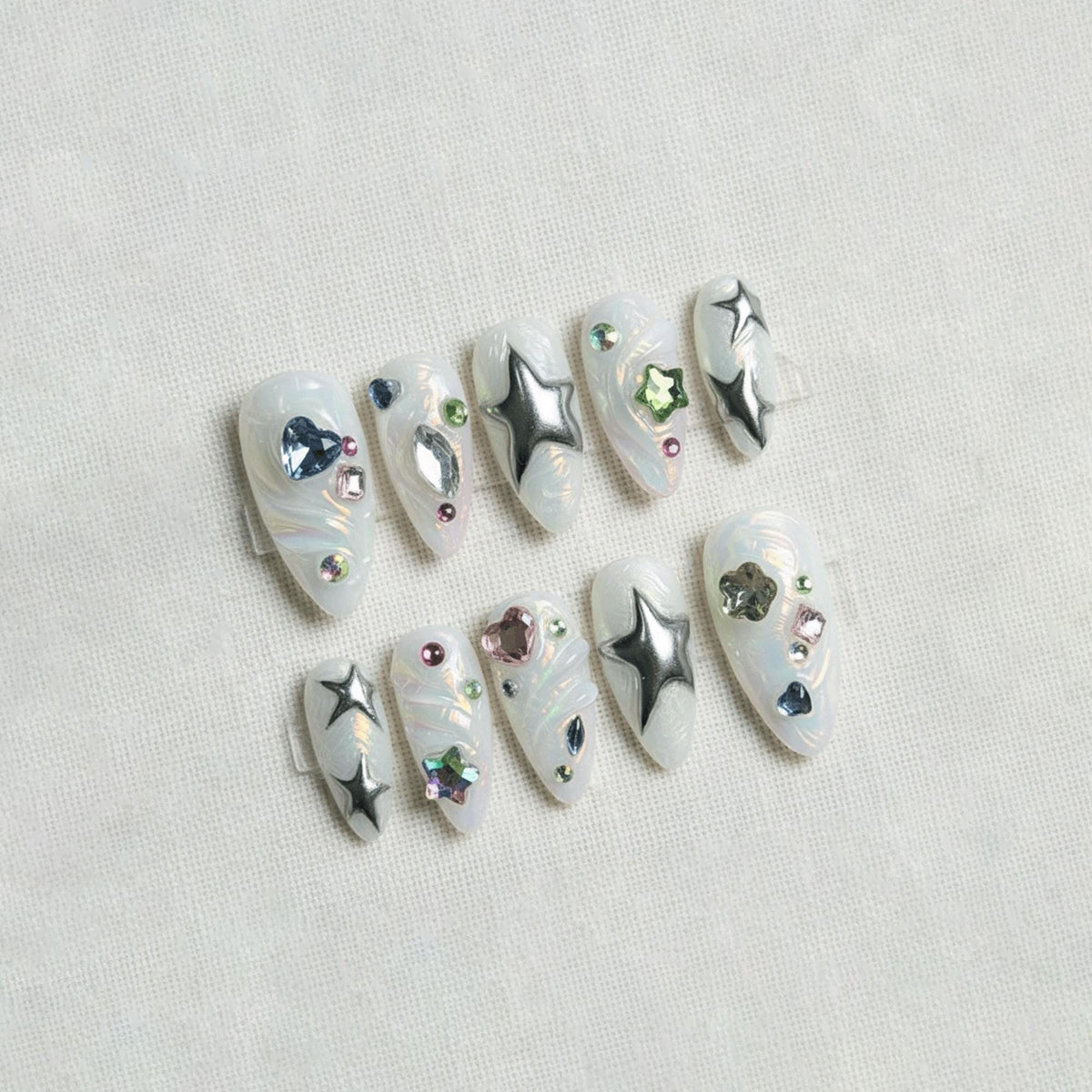 Chrome Star Press On Nails, 3D Silver Metallic Nails, Kawaii Iridescent Gel Nails, Handmade Coquette Nails