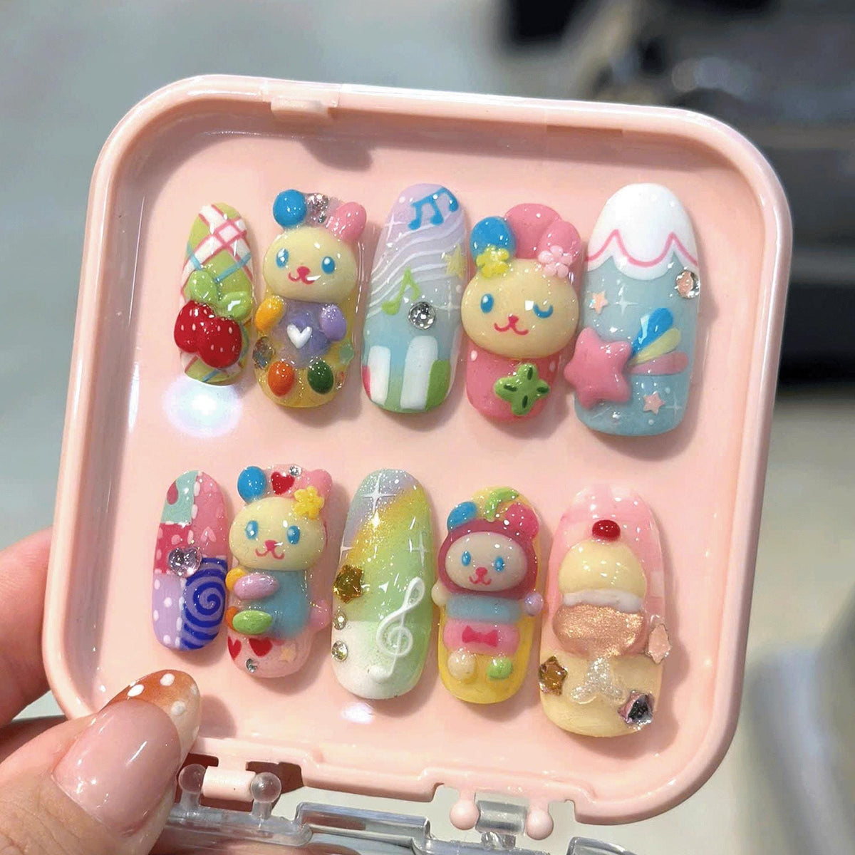 Cute Kawaii Bear Press On Nails, 3D Dessert Candy Nails, Handmade Pastel Rainbow Nails, Soft Girl Nails for Summer