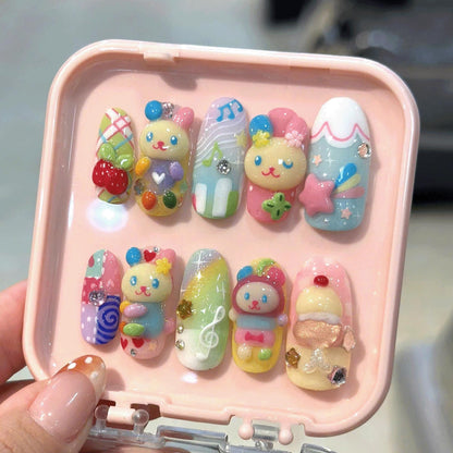 Cute Kawaii Bear Press On Nails, 3D Dessert Candy Nails, Handmade Pastel Rainbow Nails, Soft Girl Nails for Summer