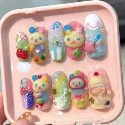 Cute Kawaii Bear Press On Nails, 3D Dessert Candy Nails, Handmade Pastel Rainbow Nails, Soft Girl Nails for Summer