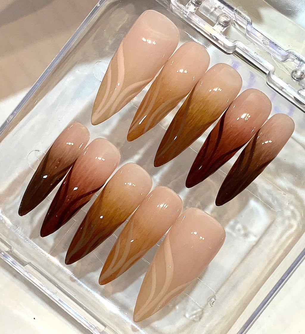 Nude Brown Ombre Press On Nails | Long Stiletto Nails | Elegant Neutral Nail Set | Handmade Reusable Nails