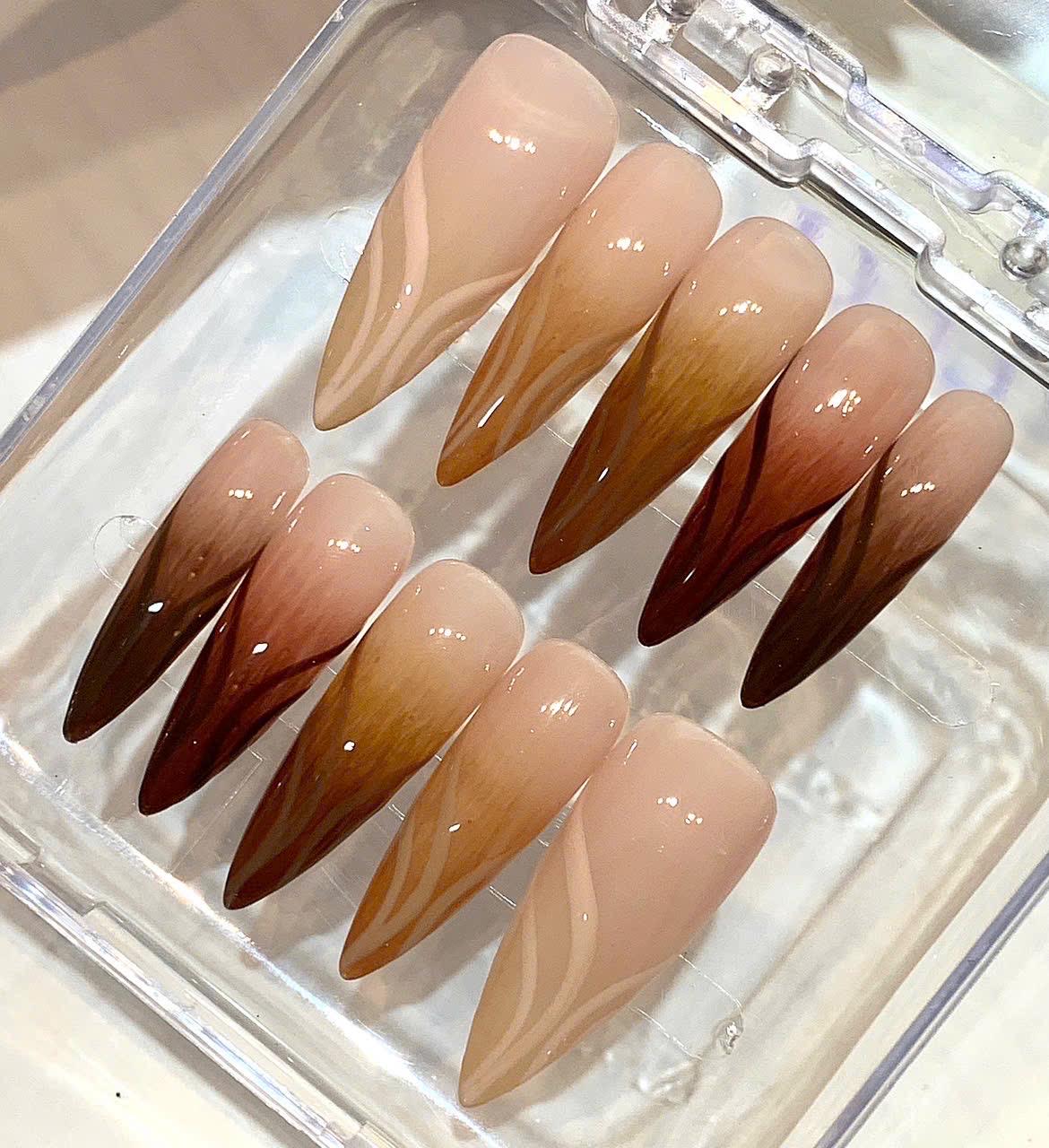 Nude Brown Ombre Press On Nails | Long Stiletto Nails | Elegant Neutral Nail Set | Handmade Reusable Nails
