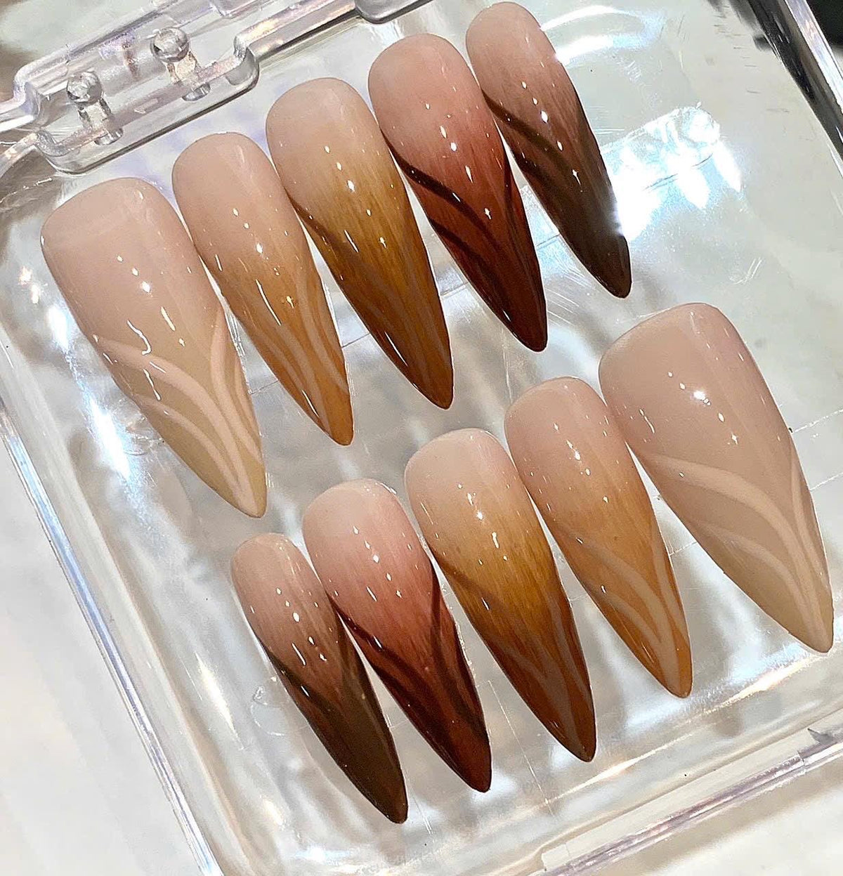 Nude Brown Ombre Press On Nails | Long Stiletto Nails | Elegant Neutral Nail Set | Handmade Reusable Nails