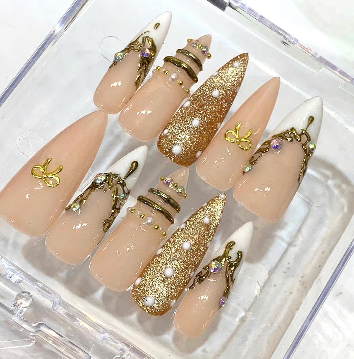 Nude Gold Press On Nails | Luxury Rhinestone Nails | Long Stiletto Nails | Elegant Pearl Nail Set | Handmade Reusable Nails