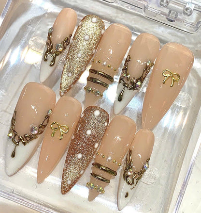 Nude Gold Press On Nails | Luxury Rhinestone Nails | Long Stiletto Nails | Elegant Pearl Nail Set | Handmade Reusable Nails