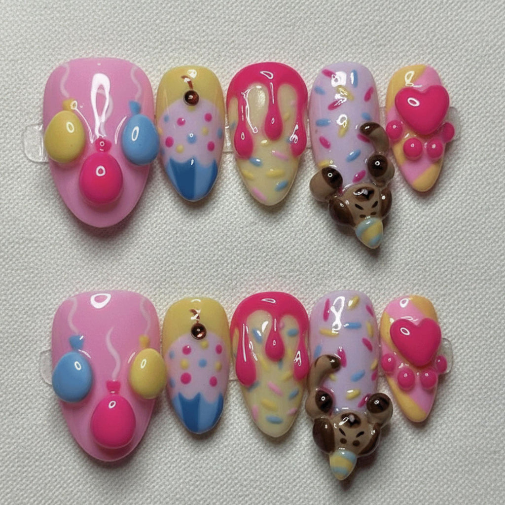3D Cute Birthday Press On Nails, Handmade Candy Drip & Puppy Nail Art, Pastel Ice Cream Nail Designs