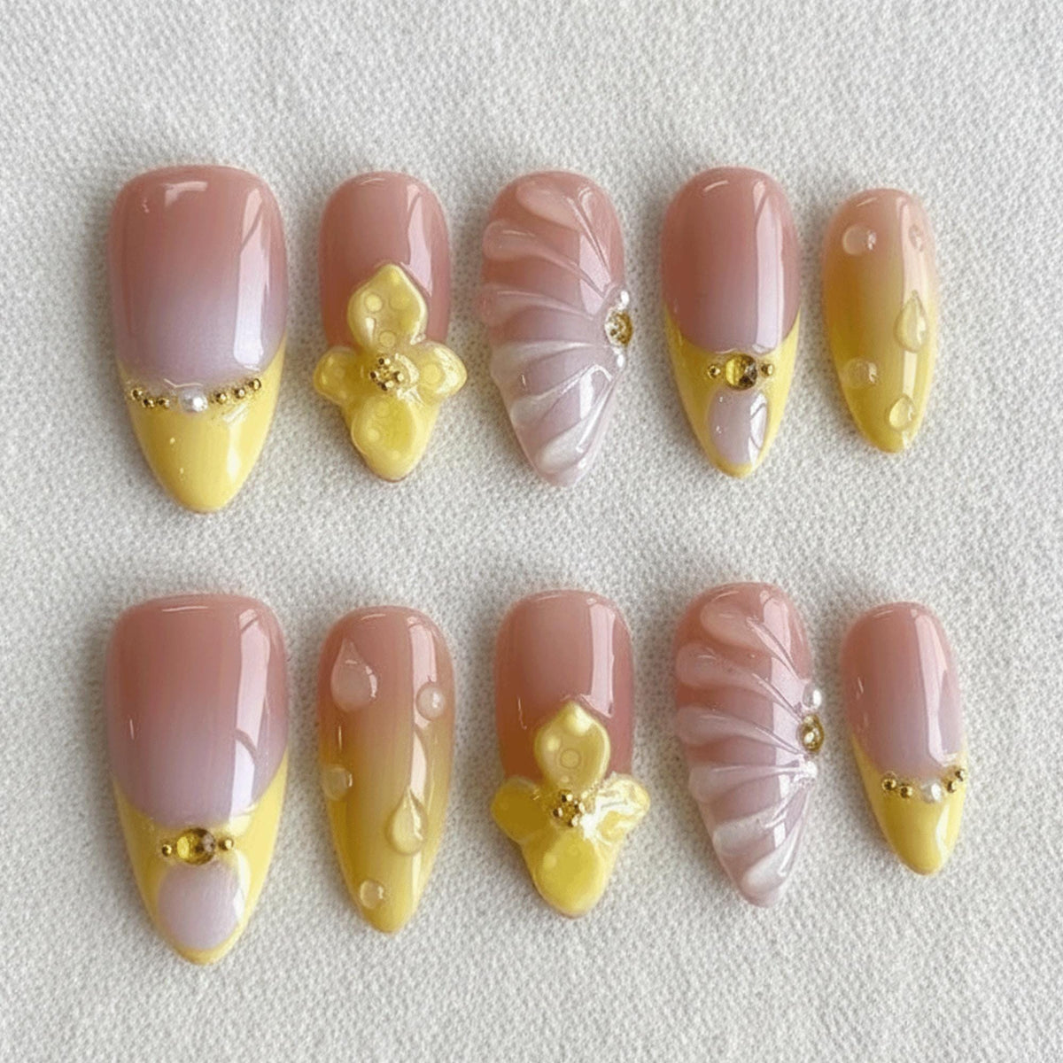 Spring Coquette Press On Nails, 3D Yellow Flower Nail Art, Handmade French Tip Nails