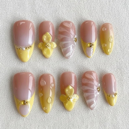 Spring Coquette Press On Nails, 3D Yellow Flower Nail Art, Handmade French Tip Nails