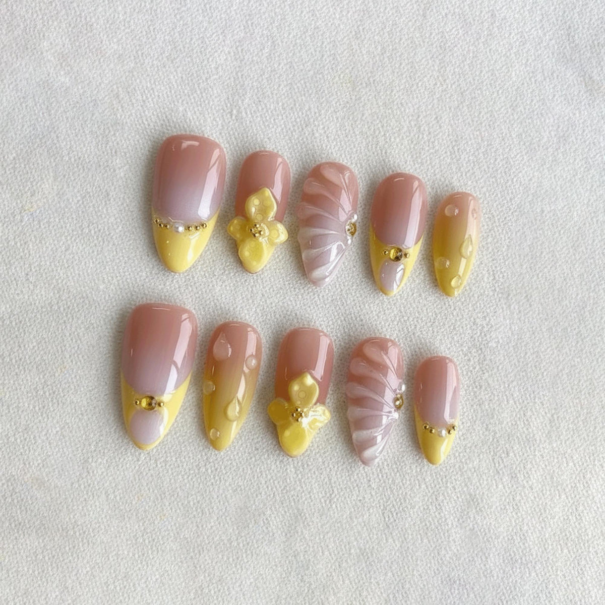 Spring Coquette Press On Nails, 3D Yellow Flower Nail Art, Handmade French Tip Nails