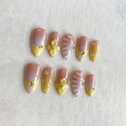 Spring Coquette Press On Nails, 3D Yellow Flower Nail Art, Handmade French Tip Nails
