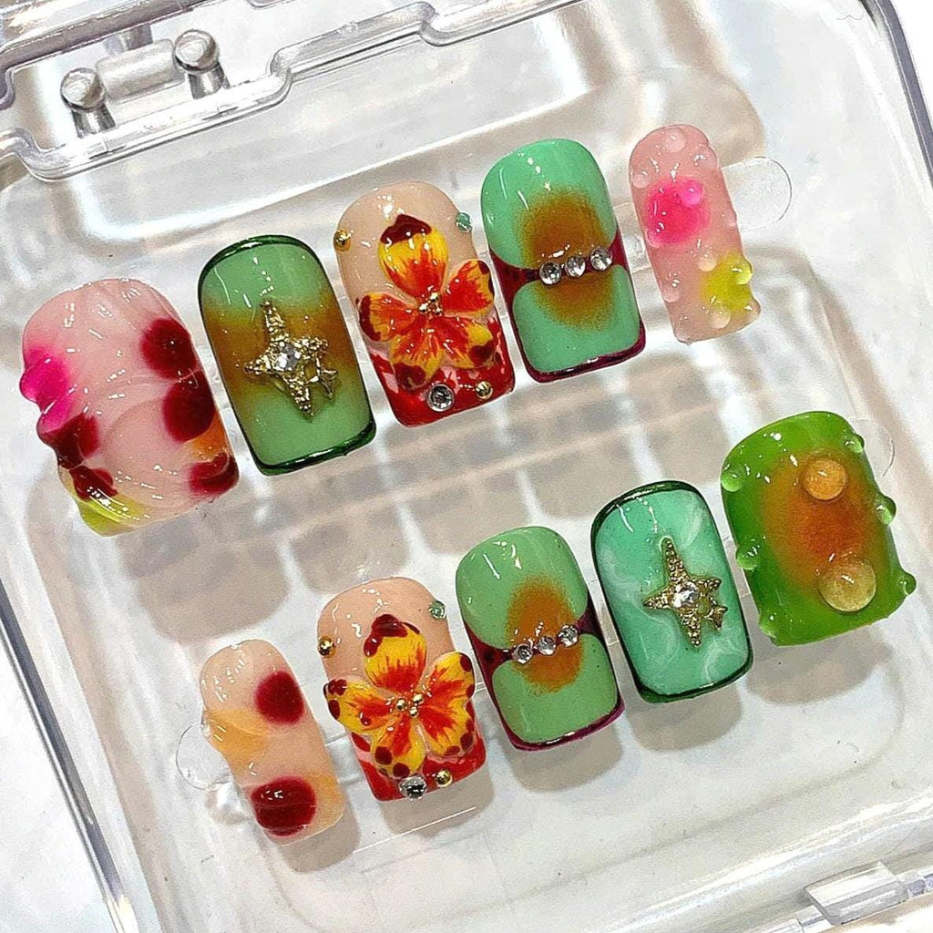 Tropical Hibiscus Press On Nails: 3D Flower Beach Nail Art