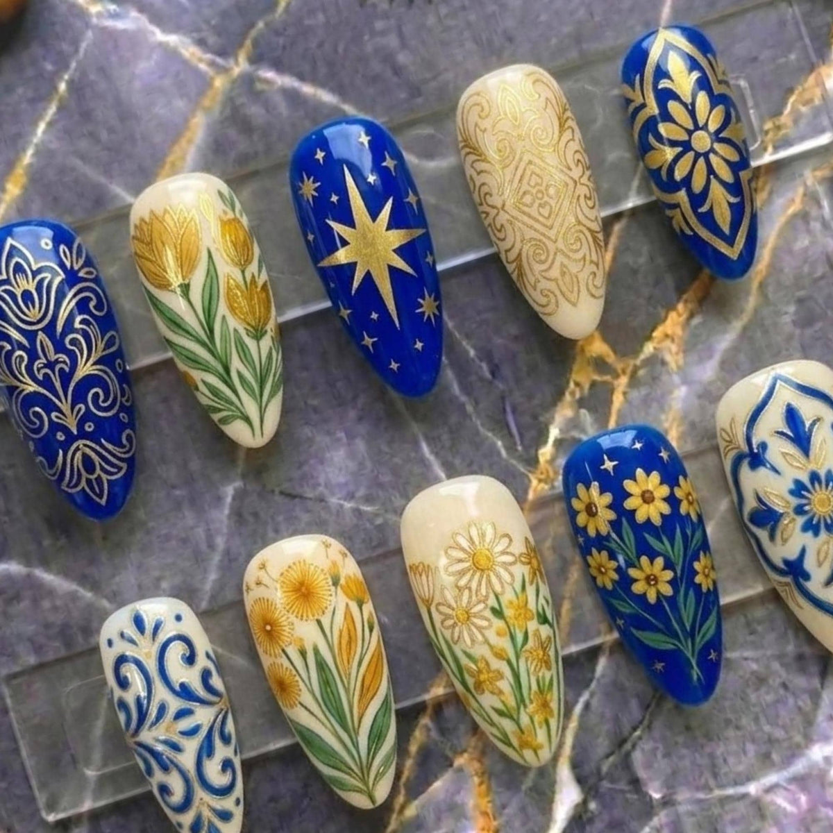 Blue Porcelain Press On Nails | Vintage Art Nouveau Almond | Gold Mini Daisy Nails | Hand Painted Art Nails | Elegant Royal Blue Nails