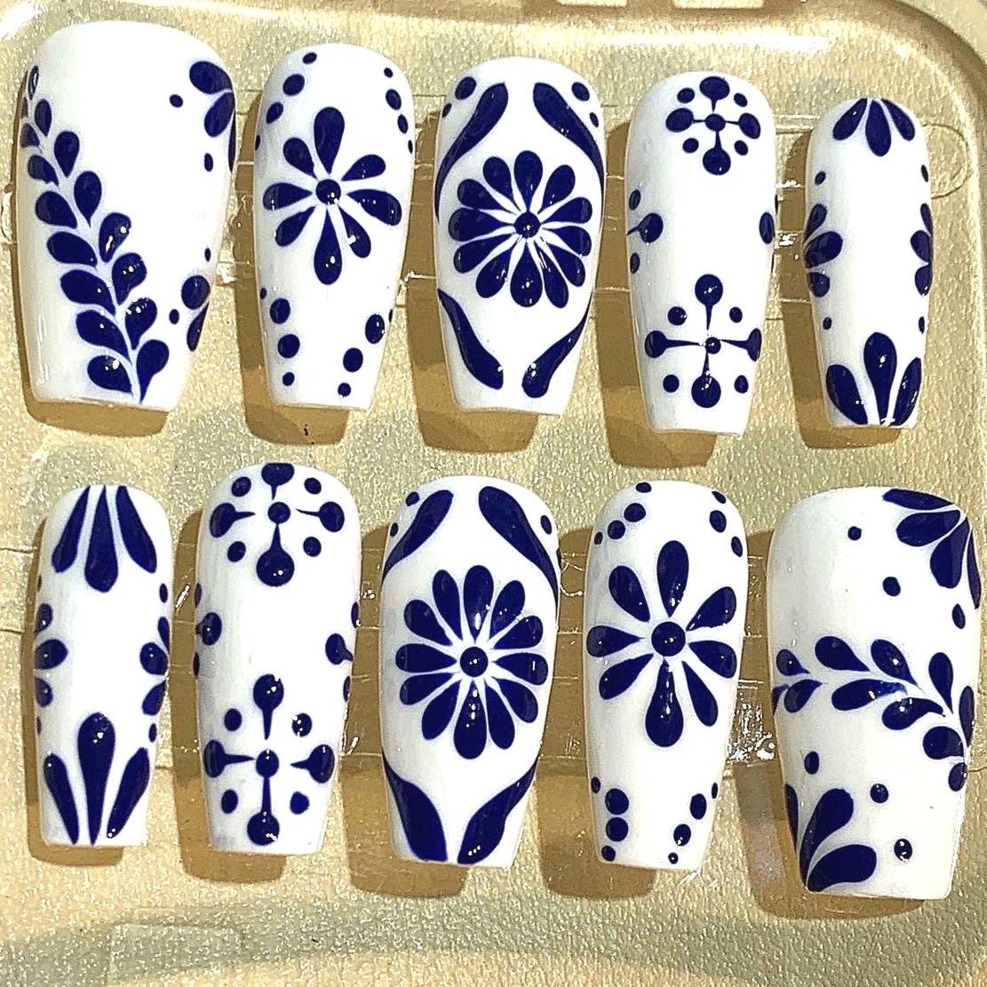 Hand-Painted Blue Floral Press On Nails: Reusable Elegant Nail Art