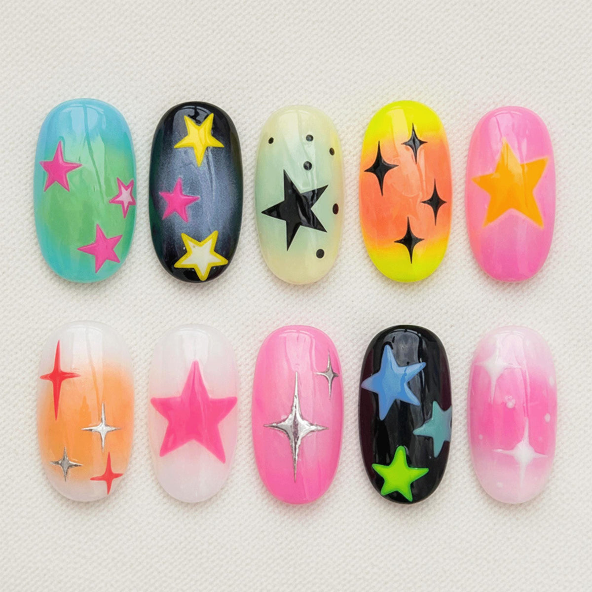 Colorful Star Press On Nails, Y2K Neon Nails, Cute Kawaii Nail Set, Playful Party Nails, Handmade Reusable Nails