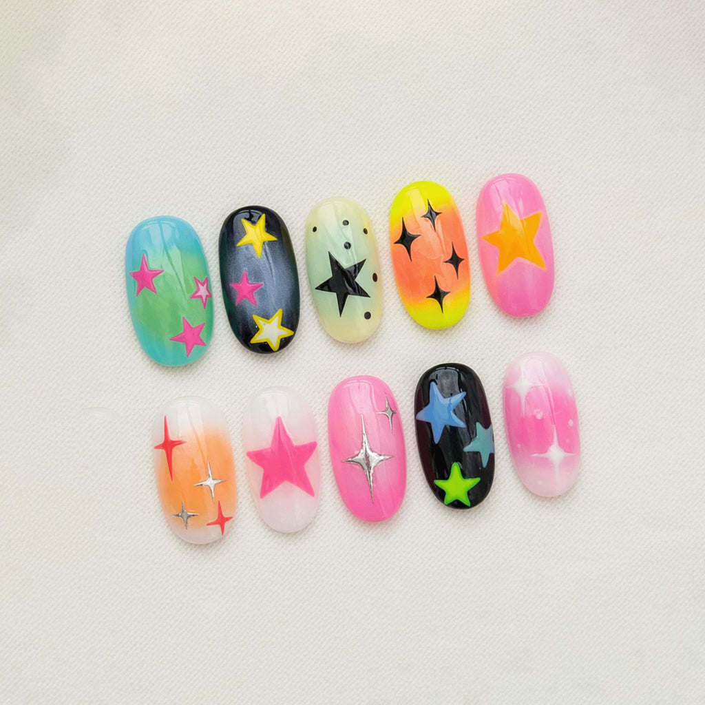 Colorful Star Press On Nails, Y2K Neon Nails, Cute Kawaii Nail Set, Playful Party Nails, Handmade Reusable Nails