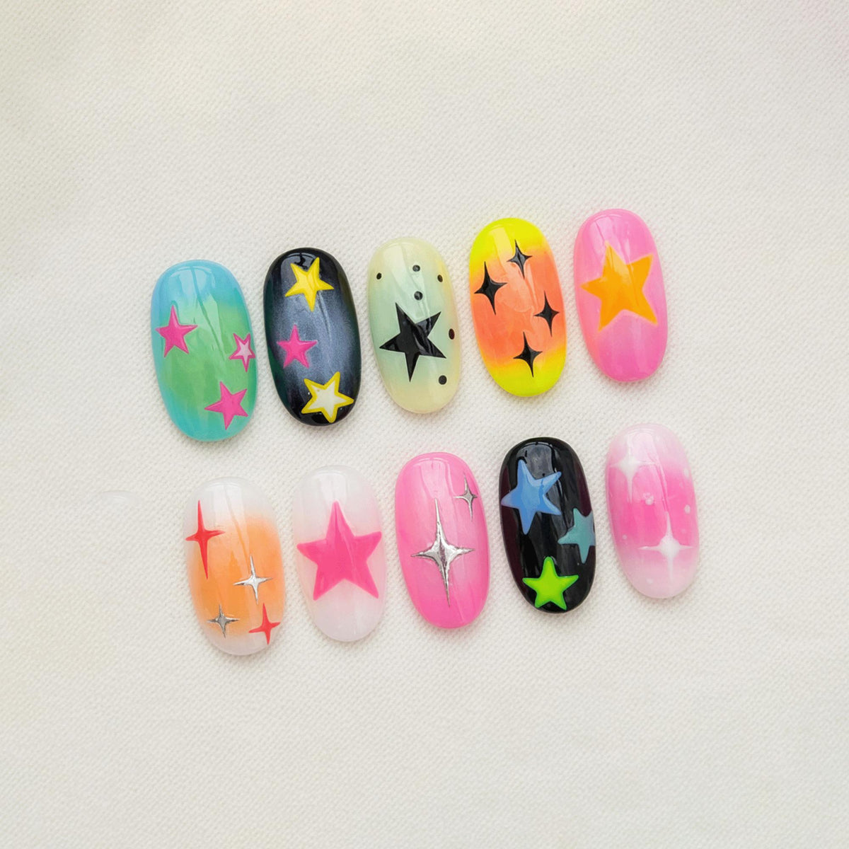 Colorful Star Press On Nails, Y2K Neon Nails, Cute Kawaii Nail Set, Playful Party Nails, Handmade Reusable Nails