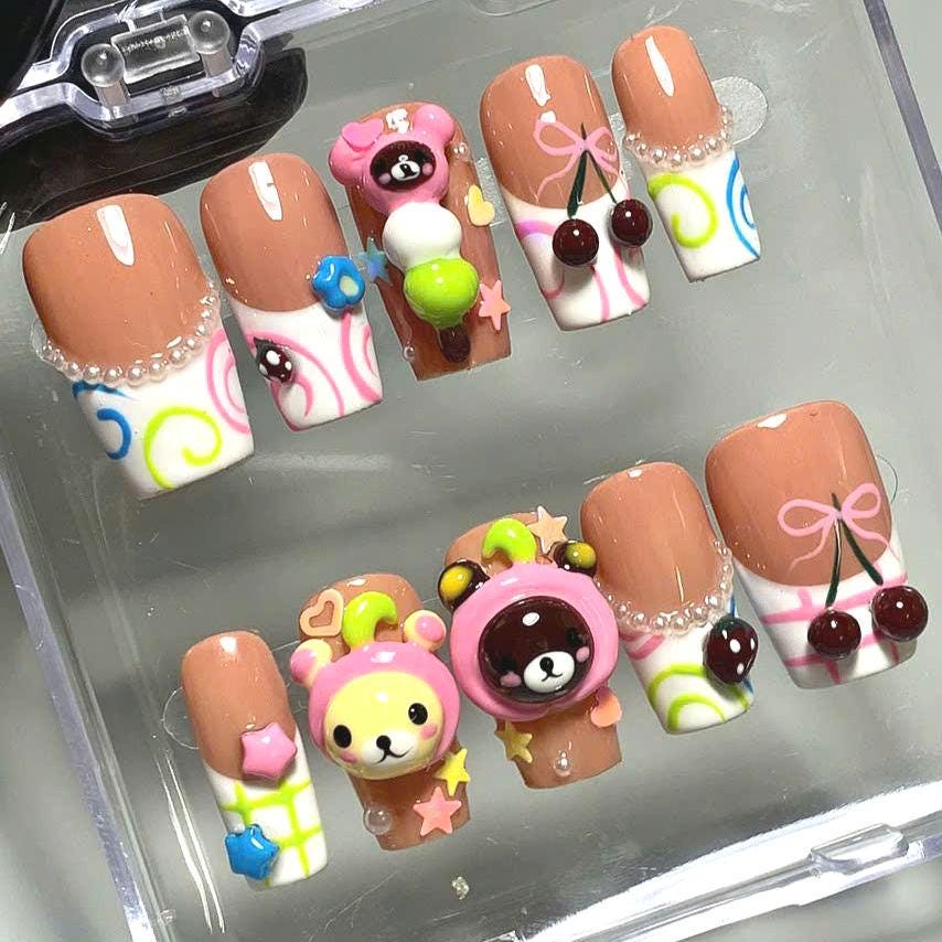 Y2K Kawaii Bear Cherry Press On Nails, 3D Japanese Inspired Nail Art