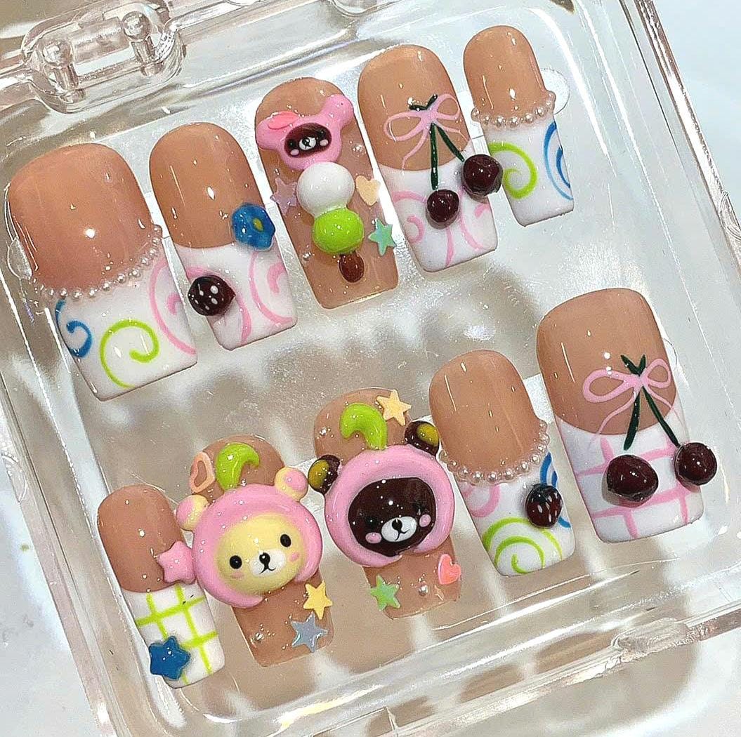 Y2K Kawaii Bear Cherry Press On Nails, 3D Japanese Inspired Nail Art