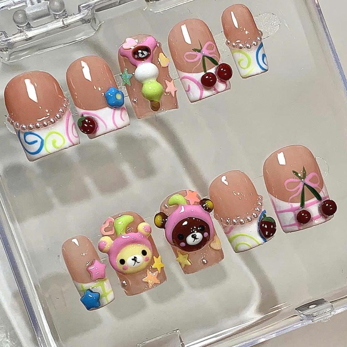 Y2K Kawaii Bear Cherry Press On Nails, 3D Japanese Inspired Nail Art