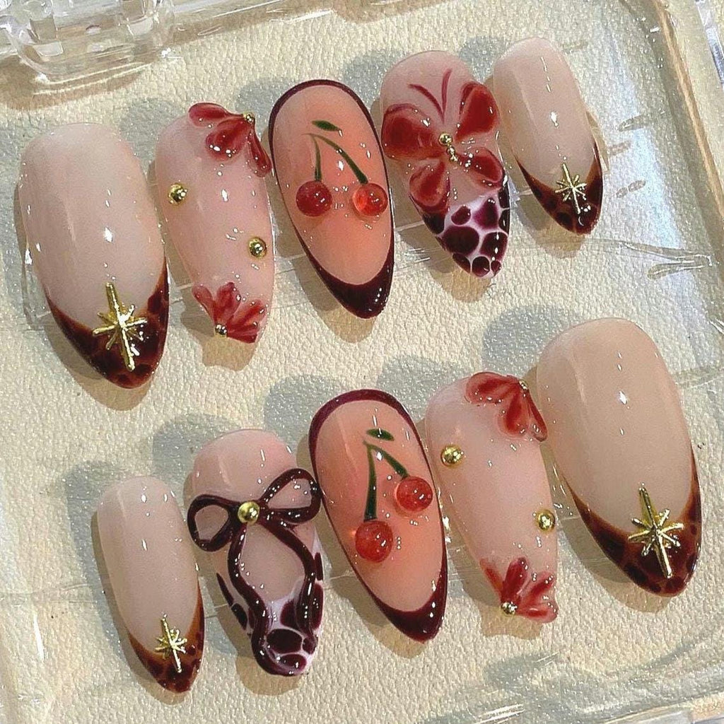 Cherry Bow Press On Nails | Elegant 3D Red Nail Art Set