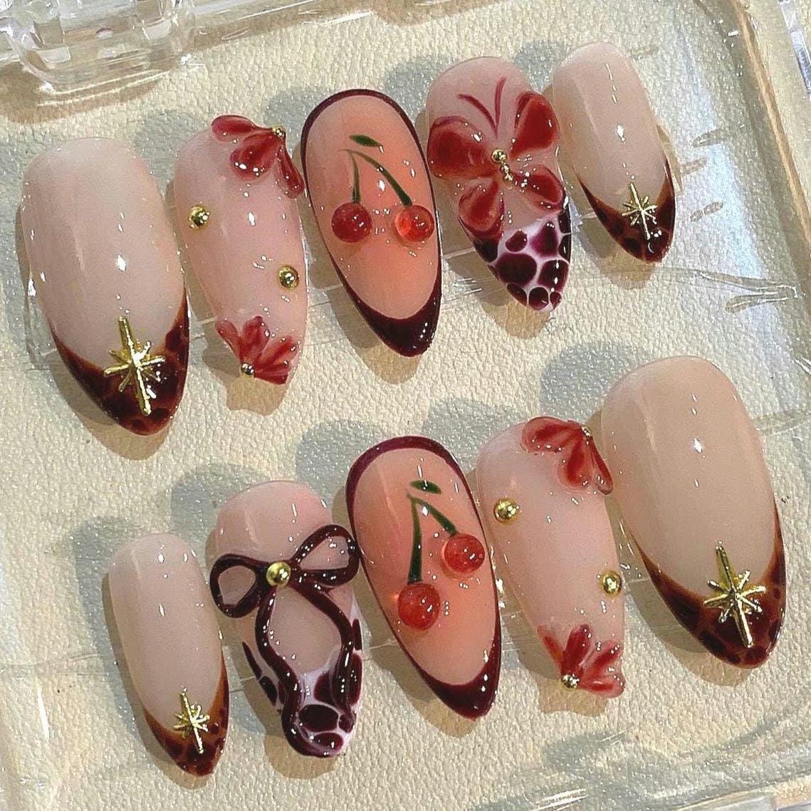 Cherry Bow Press On Nails | Elegant 3D Red Nail Art Set