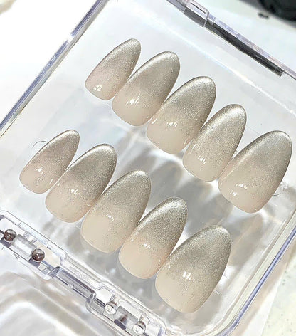Nude Champagne Glitter Press On Nails | Oval Shape Glossy Fake Nails | Elegant Minimalist Nail Set | Reusable Nail Box Gift for Women