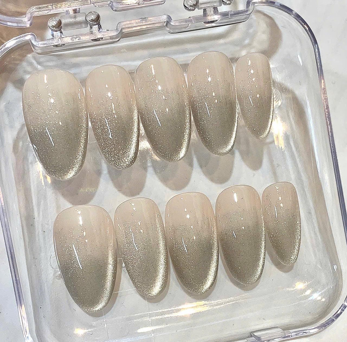 Nude Champagne Glitter Press On Nails | Oval Shape Glossy Fake Nails | Elegant Minimalist Nail Set | Reusable Nail Box Gift for Women
