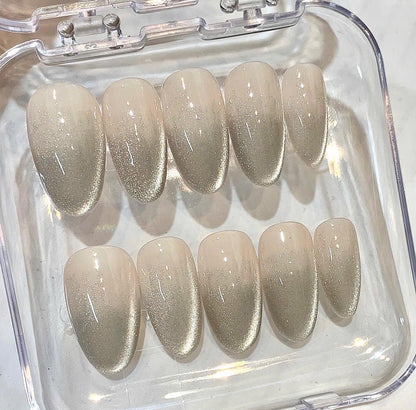 Nude Champagne Glitter Press On Nails | Oval Shape Glossy Fake Nails | Elegant Minimalist Nail Set | Reusable Nail Box Gift for Women