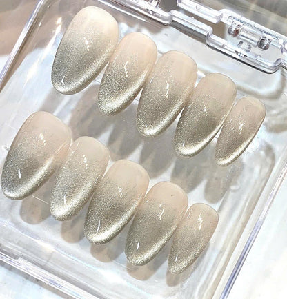 Nude Champagne Glitter Press On Nails | Oval Shape Glossy Fake Nails | Elegant Minimalist Nail Set | Reusable Nail Box Gift for Women