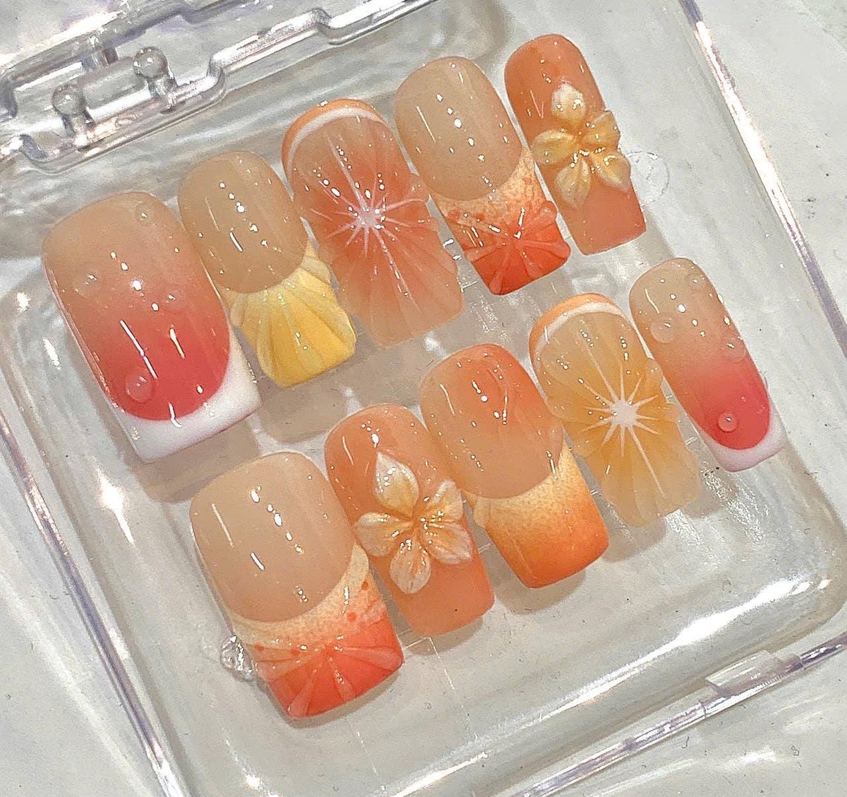 Orange Ombre 3D Flower Press On Nails | Jelly Floral Summer Vacation Set