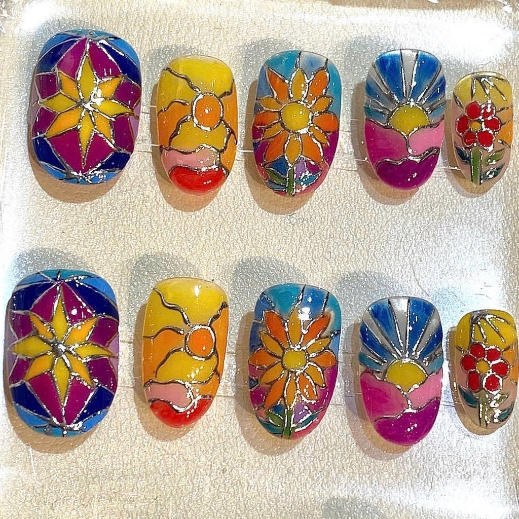 Hand Painted Stained Glass Press On Nails: Flower Sunset Nail Art
