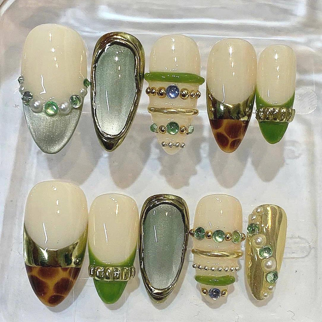 Olive Green Almond Press On Nails | Gold Chrome French Tip, Tortoiseshell, 3D Gemstone Design