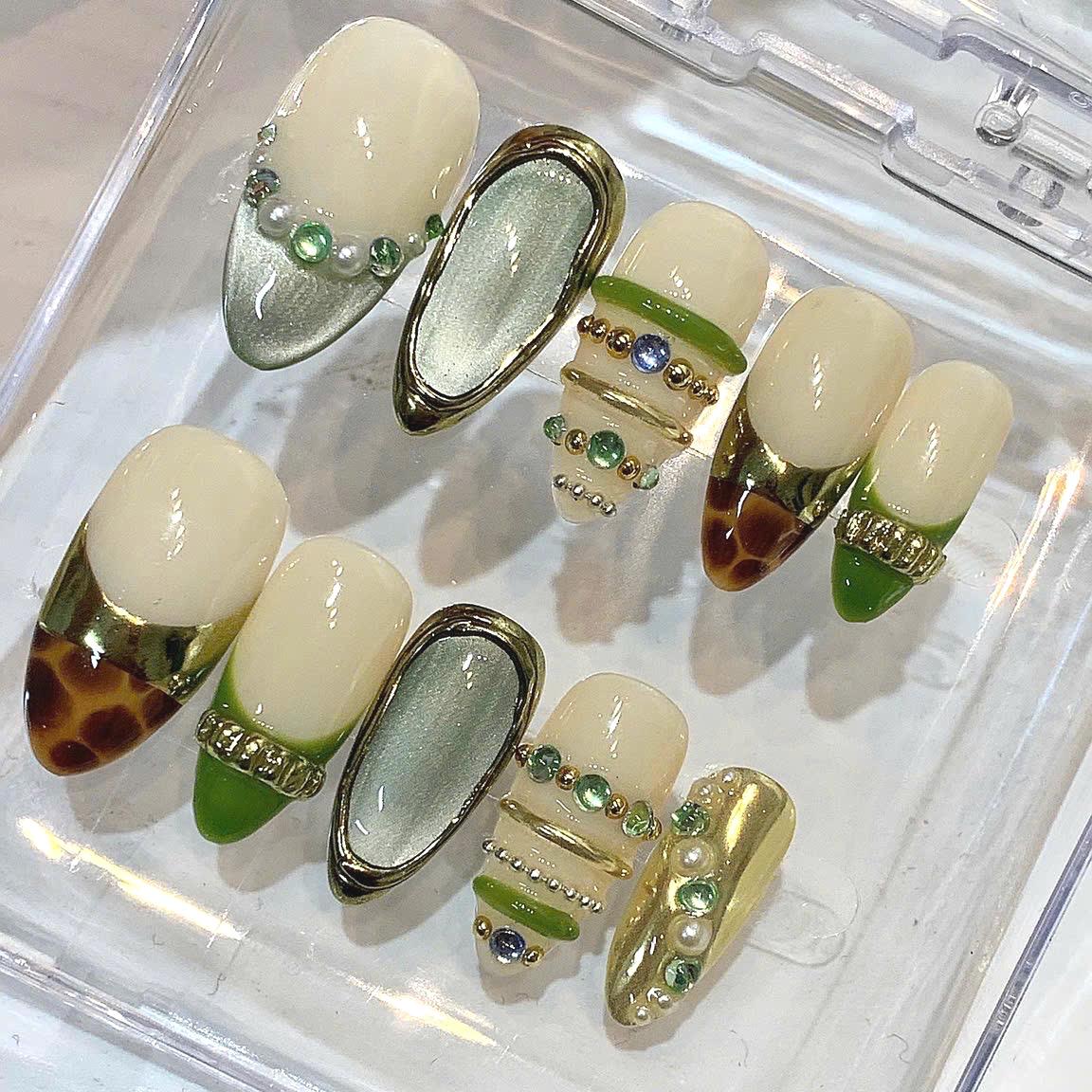 Olive Green Almond Press On Nails | Gold Chrome French Tip, Tortoiseshell, 3D Gemstone Design
