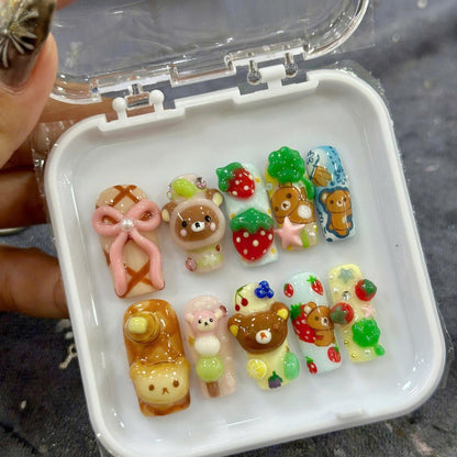 3D Kawaii Strawberry Press On Nails, Cute Bear Dessert Nails, Handmade Gel Nails, Cartoon Nails, Reusable Nail Set