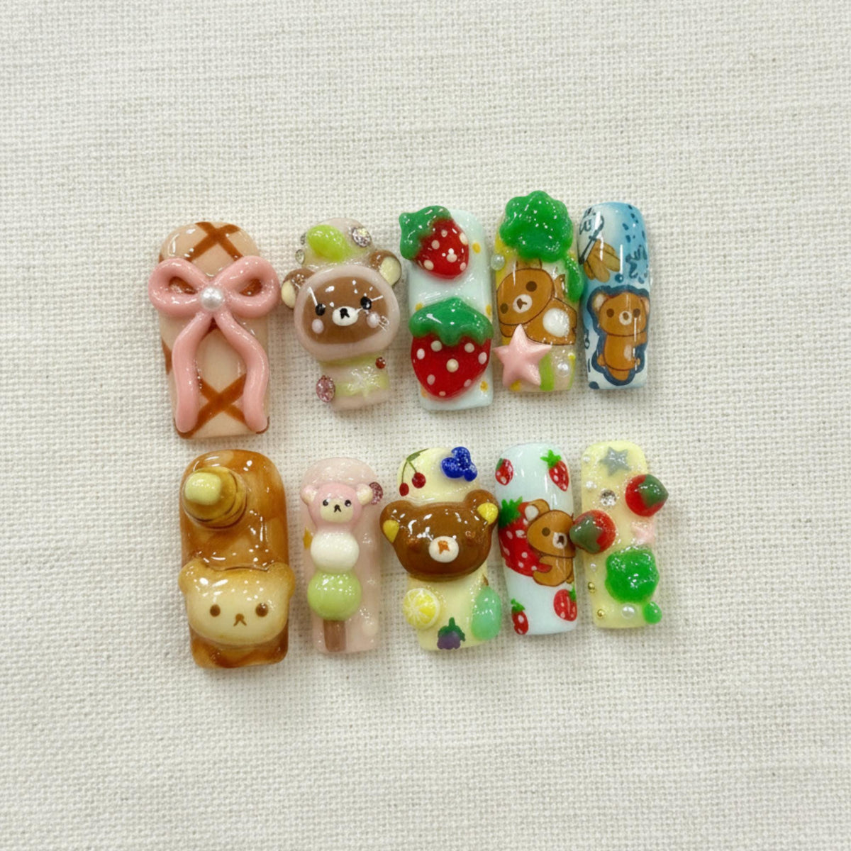3D Kawaii Strawberry Press On Nails, Cute Bear Dessert Nails, Handmade Gel Nails, Cartoon Nails, Reusable Nail Set