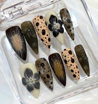 Brown Retro Stiletto Press On Nails | Polka Dot, 3D Flower, Abstract Ombre Set