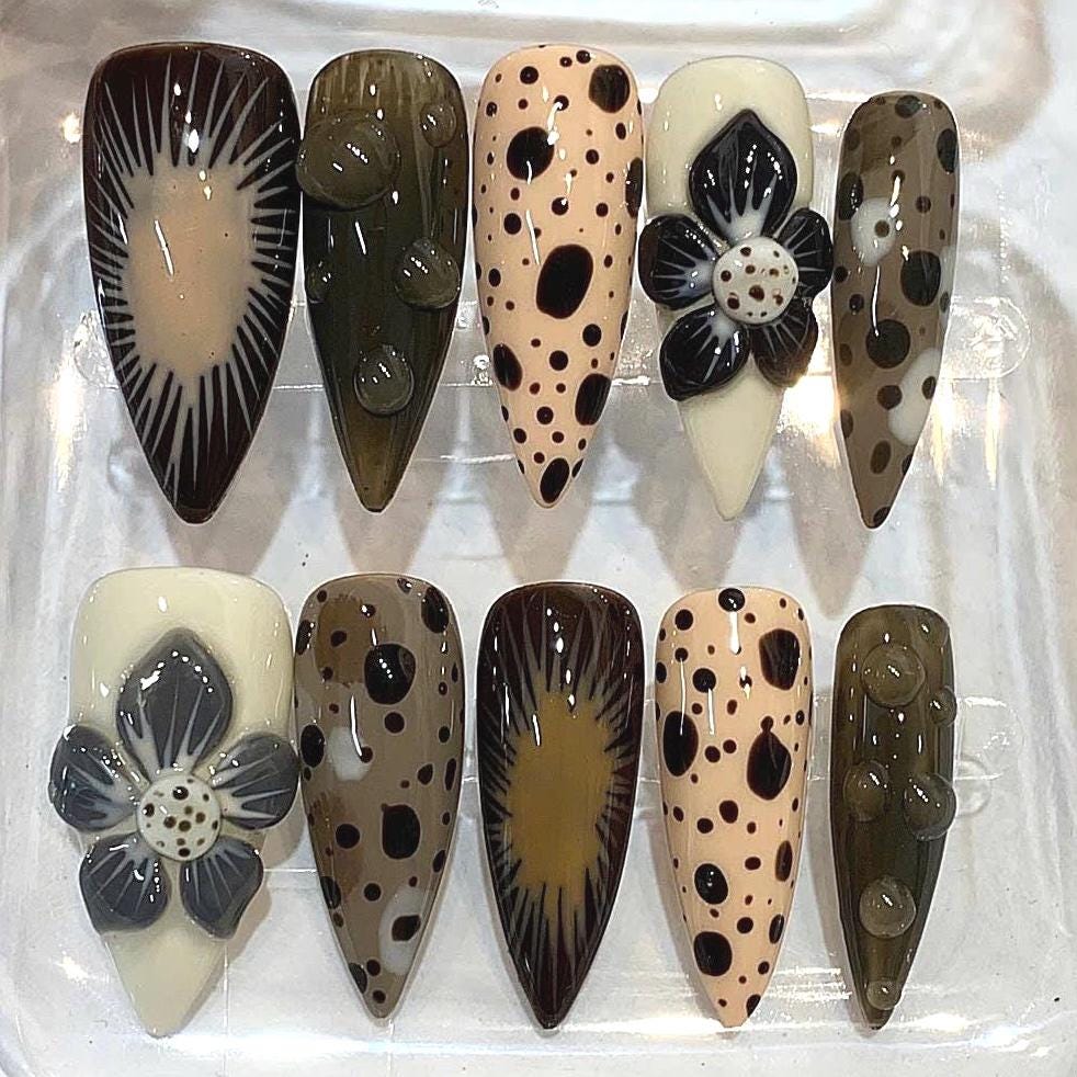 Brown Retro Stiletto Press On Nails | Polka Dot, 3D Flower, Abstract Ombre Set