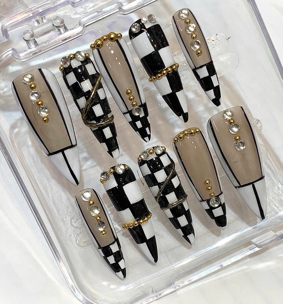 Black White Checkerboard Press-On Nails | Rhinestone Gold Bead Stiletto Set