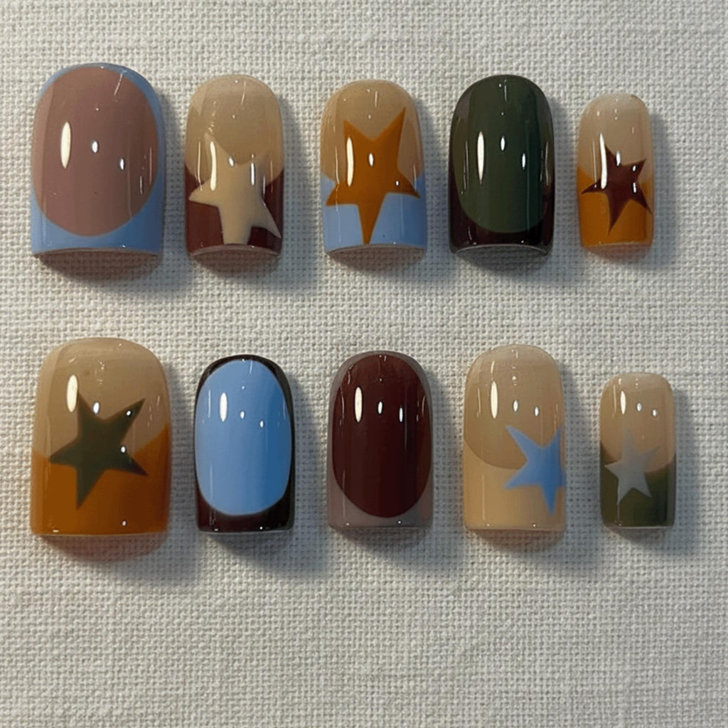 Retro Star Press On Nails, Brown Blue Abstract Nails, Soft Retro Nails, Reusable Gel Nails, Short Square Nails