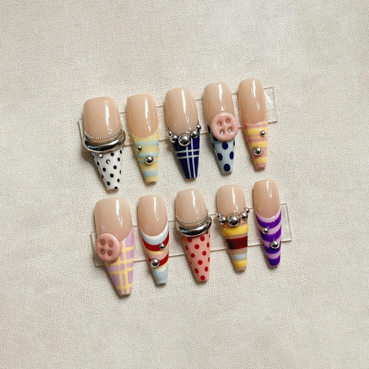 Retro Striped Press On Nails, Colorful Polka Dot Nails, Handmade 3D Button Nails, Abstract Nails, Summer Nails