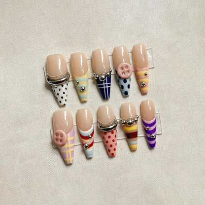 Retro Striped Press On Nails, Colorful Polka Dot Nails, Handmade 3D Button Nails, Abstract Nails, Summer Nails