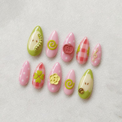 Kawaii Coquette Press On Nails, 3D Apple Pastel Nails, Pink Green Gingham Nails, Cute Polka Dot Nails, Handmade Fake Nails