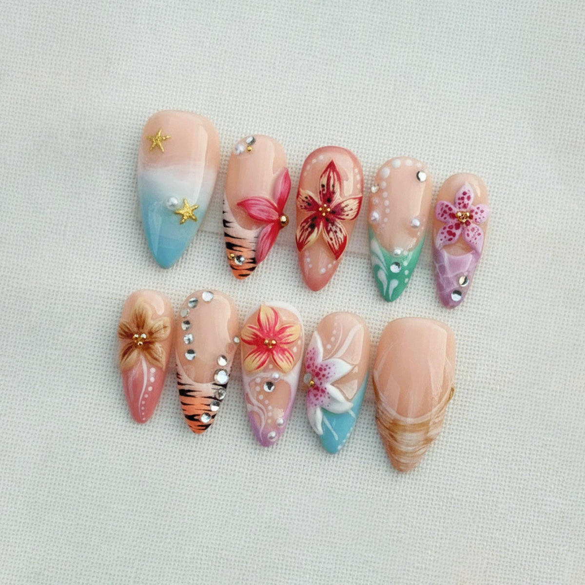 Tropical Summer Press On Nails, 3D Flower Hibiscus Nails, Beach Vacation Nails, Handmade Gel Nails Set