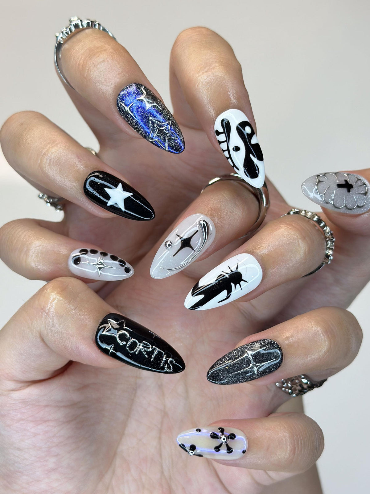 K-Pop Inspired Idol Press-On Nails | Fan Collectible Edition | Luxury 3D Star & Chrome Stiletto Art | Y2K Cyberpunk Aesthetic | JB380IC