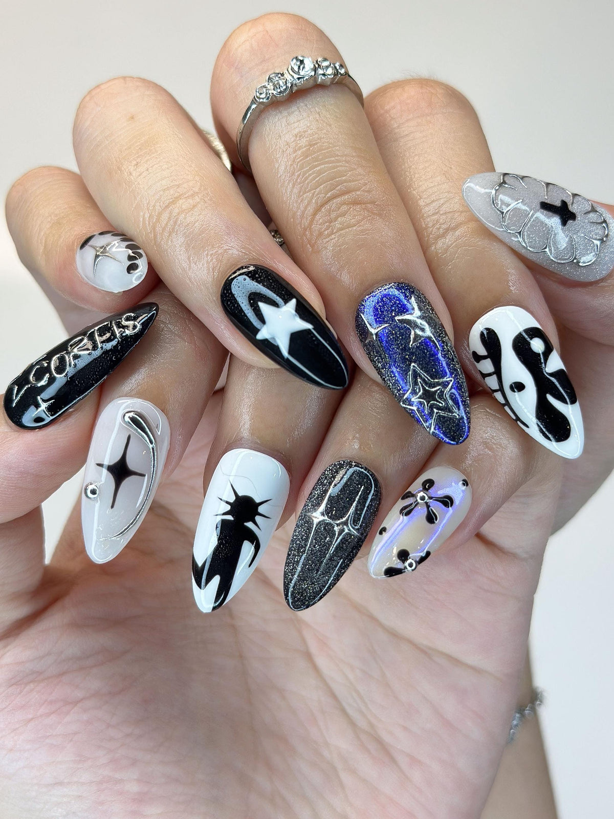 K-Pop Inspired Idol Press-On Nails | Fan Collectible Edition | Luxury 3D Star & Chrome Stiletto Art | Y2K Cyberpunk Aesthetic | JB380IC