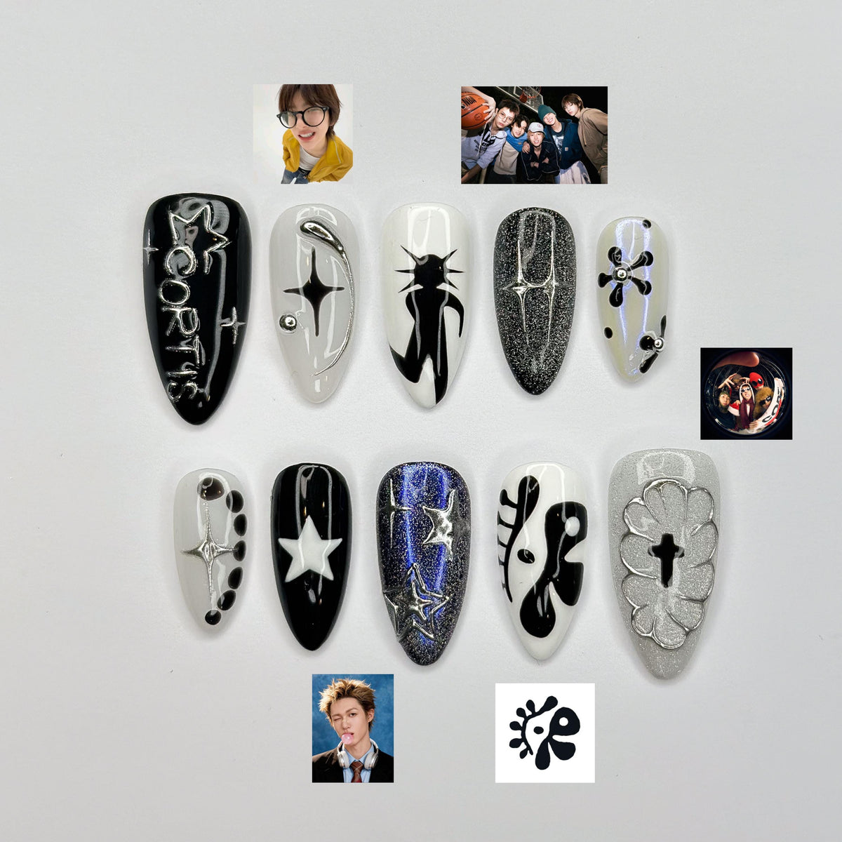 K-Pop Inspired Idol Press-On Nails | Fan Collectible Edition | Luxury 3D Star & Chrome Stiletto Art | Y2K Cyberpunk Aesthetic | JB380IC