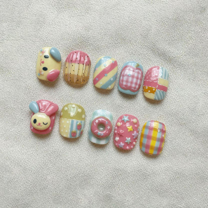 Kawaii Pastel Press On Nails, 3D Bunny Donut Nails, Cute Coquette Dessert Nails, Strawberry Gingham Nails, Handmade Summer Nails