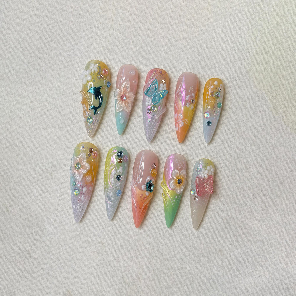 Mermaid Kawaii Press On Nails, Pastel Dreamy Beach Nail Art, Handmade Butterfly Flower Nails, Vacation Nails