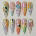 Mermaid Kawaii Press On Nails, Pastel Dreamy Beach Nail Art, Handmade Butterfly Flower Nails, Vacation Nails