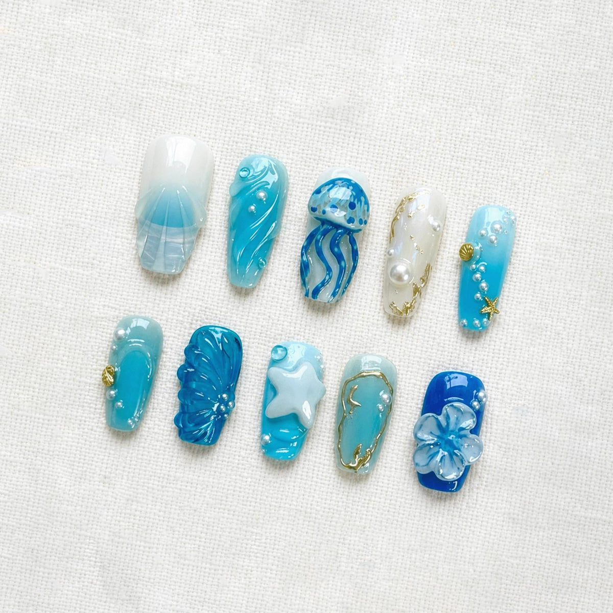 Mermaid Ocean Press On Nails, 3D Jellyfish Shell Nails, Pearl Starfish Nails, Blue Beach Nails, Summer Vacation Nails